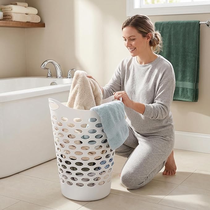 2-Pack 2.2 Bushel Flexible Laundry Basket, Lightweight and Easy to Clean，Tall Plastic Hamper for Clothes，Bedroom and Storage - Plastic Laundry Basket with Handles，White
