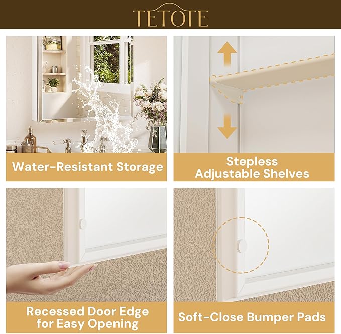TETOTE 48 x 24 Medicine Cabinet with Tempered Beveled MirrorWhiteBathroom Vanity Mirror Cabinet Aluminum Cabinet DTC Hinges, Stepless Adjustable Shelves, Recessed/Surface-Mounted