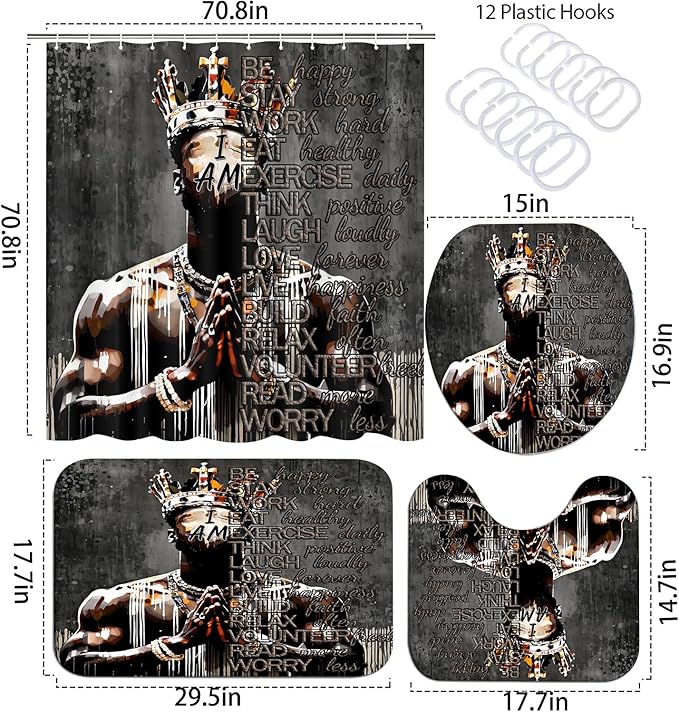 4Pcs Cool Black King Shower Curtain Set with Waterproof Shower Curtain Bath Mat Rug and Toilet Lid Cover, Inspirational Quote African American King Valentine's Day Bathroom Decor Set for Man
