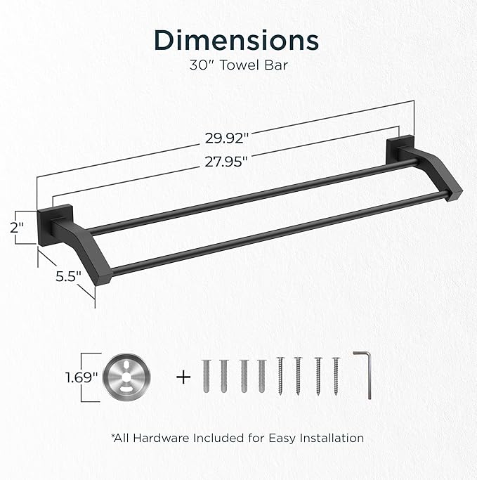 FORIOUS Double Towel Bar, 30 Inch Dual Towel Racks for Bathroom Wall Mounted, Thicken SUS304 Stainless Steel Bath Square Towel Rod Towel Holder Rail, Matte Black