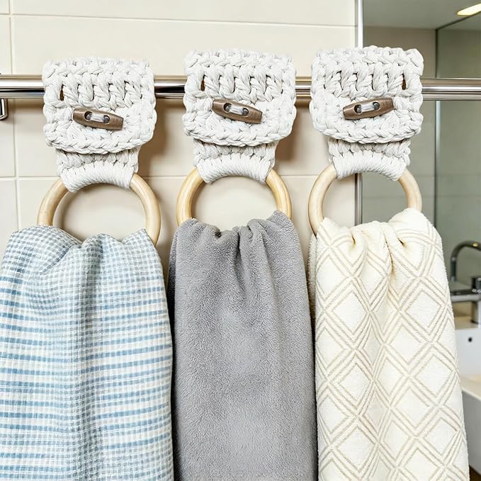 Aerbee Macrame Towel Holder Ring, 3PCS Kitchen Towel Hooks for Kitchen & Bathroom, Decorative Boho Style Kitchen Oven Towel Hanger Woodren Loop Ring, Suitable for Home Kitchen Bathroom, White