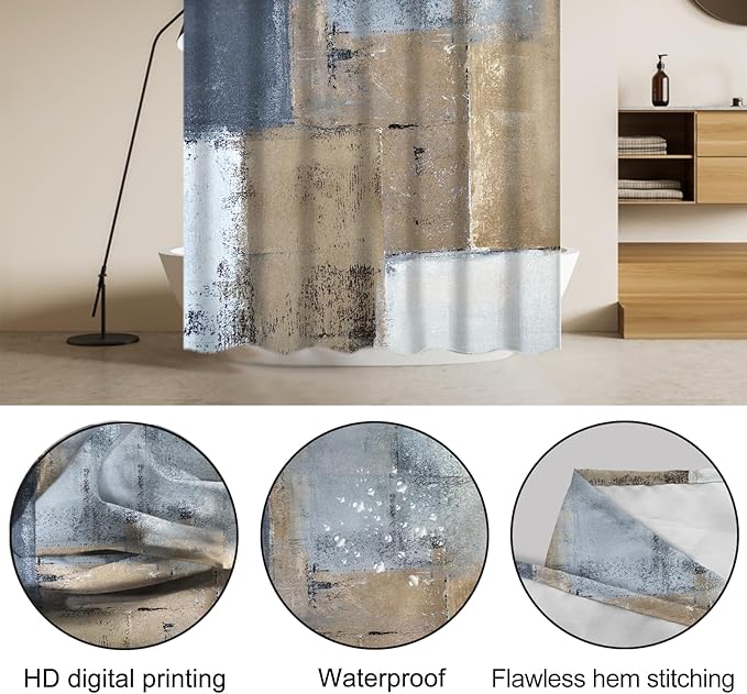 Lnond 4Pcs Bathroom Shower Curtain Sets with Rugs,Brown and Blue Painting Art Bathroom Sets with Shower Curtain and Rugs and Accessories