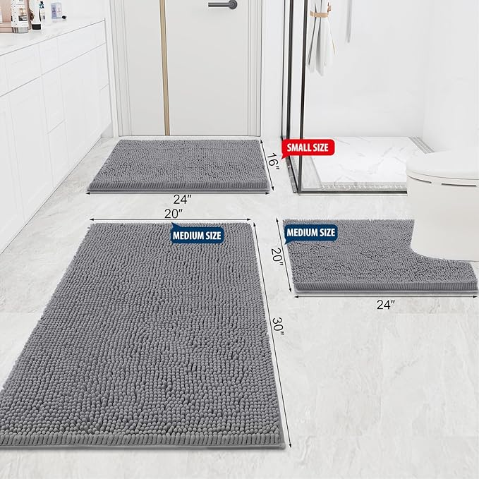 Smiry Luxury Chenille Bathroom Rugs 59x24, Extra Soft and Absorbent Shaggy Bath Mat, Machine Washable, Non-Slip Plush Carpet Runner for Tub, Shower, and Floor, Home Decor Accessories, Grey