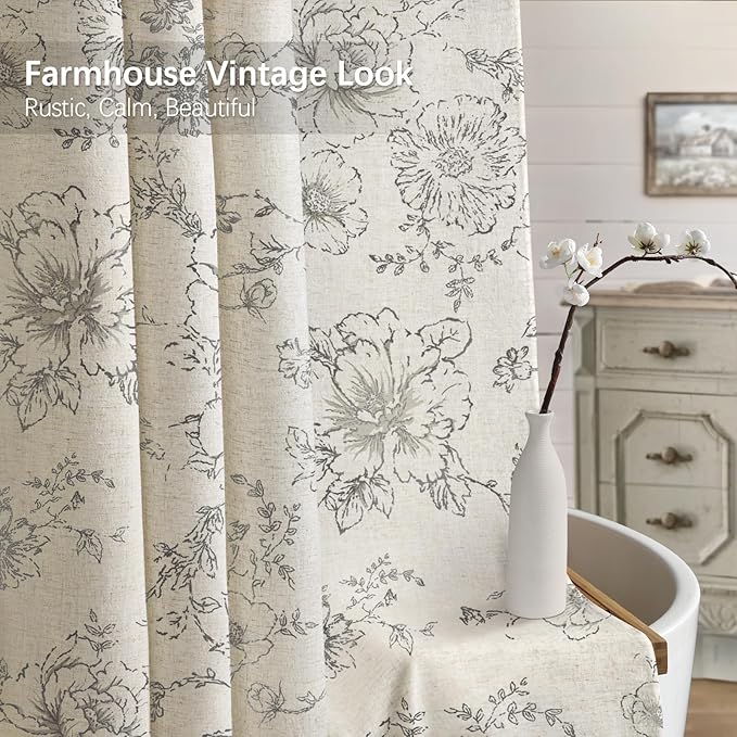 Farmhouse Floral Linen Shower Curtain, Vintage Grey Pattern Rustic Shower Curtains for Bathroom, Tan Taupe,Gray,72x84
