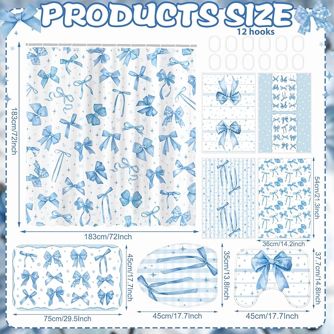 FuWeave 8 Pcs Blue Shower Curtain Set Coquette Blue Bathroom Decor Aesthetic Bow Knot Waterproof Shower Curtain Towels Non Slip Rug Toilet Lid Cover Bath Mat with 12 Hooks for Women Home Bath