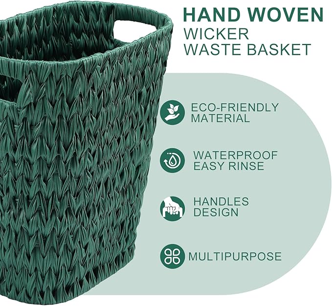 XLHOMO Dark Green Bathroom Accessories Set with Wicker Trash Can, Dark Green Bathroom Accessories Set Bathroom Sets Small Waste Basket Bathroom Trash Can for Bedroom Bathroom