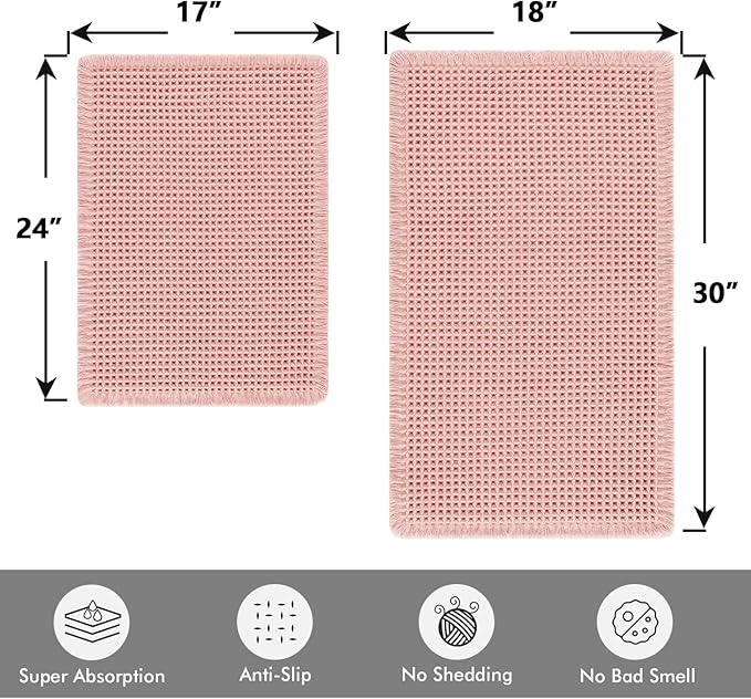 MIULEE Set of 2 Waffle Bathroom Rugs, Boho Bath Rugs Non Slip Washable, Super Absorbent Bath Mats, Ultra Soft Rubber Backed Shower Mats for Bathroom Floor, Tub, Pink, 17"x24"+18"x30"