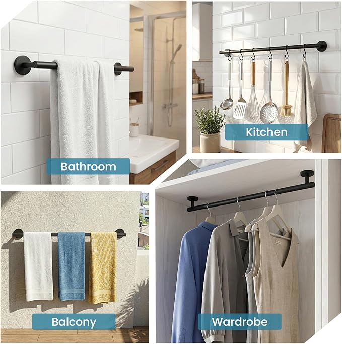 Towel Bar, 24 Inch Towel Racks for Bathroom Wall Mounted, SUS304 Stainless Steel Bathroom Towel Holder, Modern Home Decor Towel Rod and Kitchen Towel Shelf (Matte Black)
