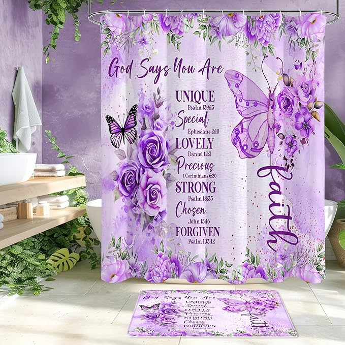 Litabel 4 Pcs Purple Butterfly Inspirational Quotes Shower Curtain Set with Rugs and Toilet Lid Cover, Colorful Boho Waterproof Fabric Bathroom Set, Bible Verse Floral Bathroom Decor Set Accessories