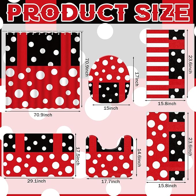 Nuanchu 6 Pcs Red Black Polka Dot Shower Curtain Set with Rug Polka Dot Bathroom Sets with Shower Curtain Bath Mat U Shaped Mat Toilet Lid Cover 2 Bath Towels and 12 Hooks Bathroom Decor