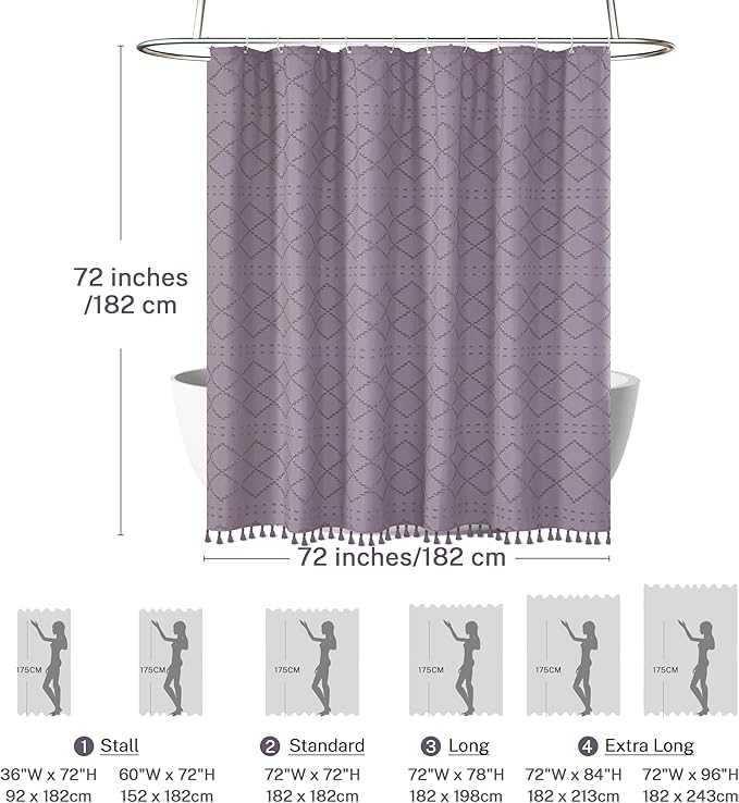 Boho Shower Curtain Purple Woven Fabric Cute Shower Curtain, 72 x 72 Tufted Chevron Textured Striped Modern Farmhouse Minimalist Cloth Shower Curtains for Bathroom