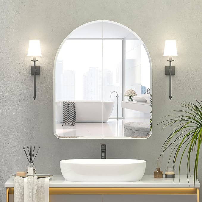Beveled Edge Arched Medicine Cabinet with Mirror,2-Door Arch Surface Mount Medicine Cabinets Mirror,Frameless Mirrored Medicine Cabinets for Bathroom Mirror Cabinet,botiquines de baño 24x28