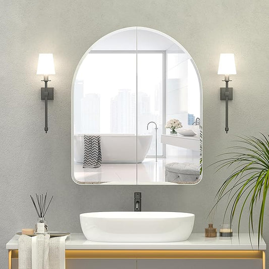 Beveled Edge Arched Medicine Cabinet with Mirror,2-Door Arch Surface Mount Medicine Cabinets Mirror,Frameless Mirrored Medicine Cabinets for Bathroom Mirror Cabinet,botiquines de baño 24x28