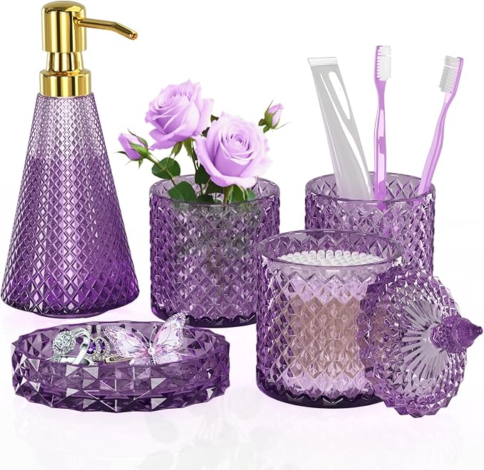 Purple Glass Bathroom Accessories Set 5 Pcs, Purple Bathroom Set, Soap Dispenser and Toothbrush Holder Set, Qtip Holder Set, Vintage Bathroom Sink Set, Cute Bathroom Decor