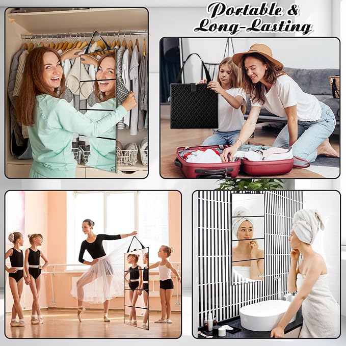 3 Way Foldable Full Length Mirror with Handle 31.89 x 11.22 Inches Leather Portable Camping Travel Hanging Folding Body Mirror for Makeup Dance Fitness Spa Hair Styling (Black,Classic)