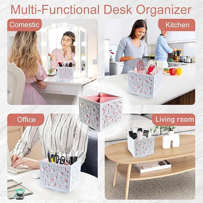 360 Rotating Makeup Brush Holder with Butterfly Cutout, Pink Makeup Brush Organizer for Vanity - 4 Compartment Spinning Wooden Desk Organizer for Pens, Lipsticks, Eyebrow Pencils
