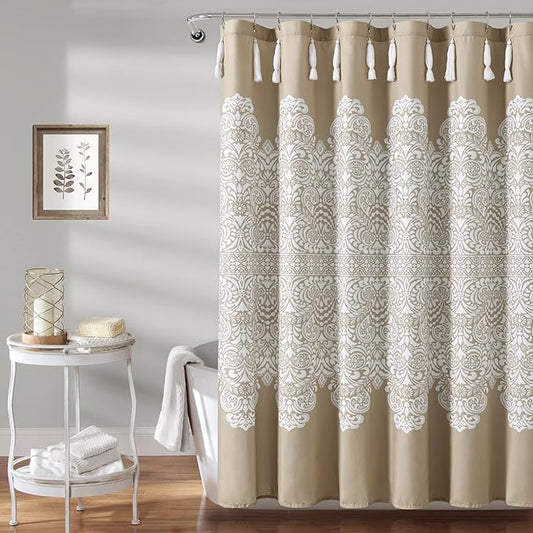 Lush Decor Boho Medallion Shower Curtain Single 72" W x 72" L Neutral - Boho Shower Curtains for Bathroom Decor - Beige Bathroom Curtain