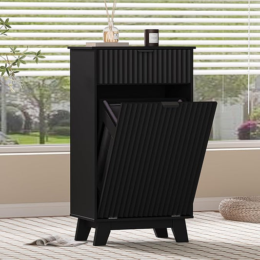 Wodeer Tilt Out Laundry Hamper Cabinet with Storage and Drawer, 10 Gallon Fluted Hidden Trash Can Cabinet, Farmhouse Wood Laundry Basket Cabinets for Bathroom, Kitchen, Black