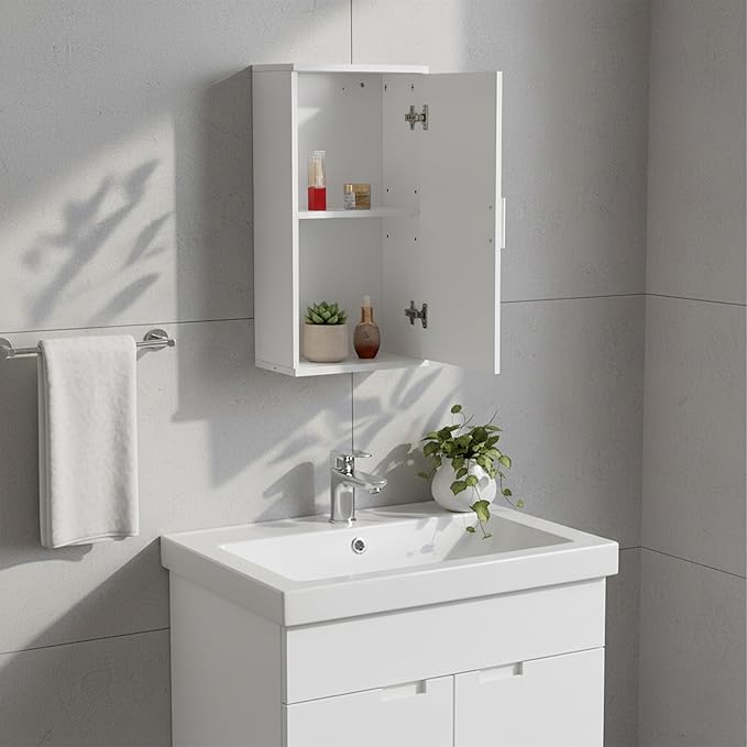 Relaxdays bathroom wall cabinet, 2 shelves, HxWxD: 62 x 30 x 21 cm, adjustable shelf, slim design, MDF, white, 100% Fibreboard