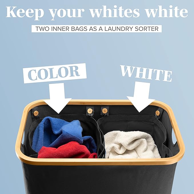 LONBET Laundry Basket with Lid, Made from Breathable Fabric | Aesthetic Clothes Hampers for Laundry with Side Handles & Sturdy Bamboo Frame (40 Gallons - Double, Black)