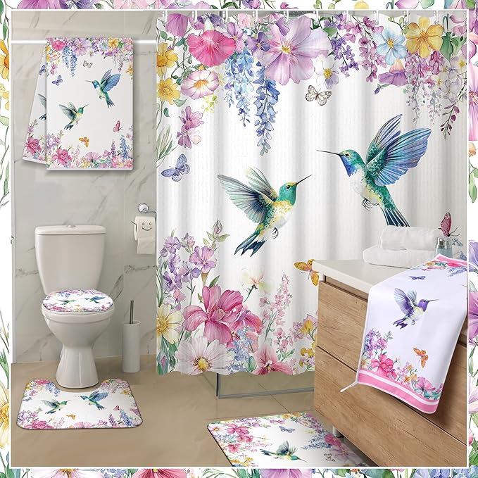 Nuanchu 6 Pcs Spring Shower Curtain Set with Rug Hummingbird Bathroom Sets with Shower Curtain Bath Mat U Shaped Mat Toilet Lid Cover 2 Bath Towels and 12 Hooks Hummingbird Flower Bathroom Decor