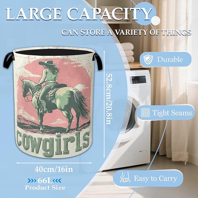 Vintage Cowgirl Laundry Basket Collapsible Laundry Hamper, Oxford Cloth Storage Bin for Room/Bathroom/Bedroom/Dormitories 16" X 20.8"