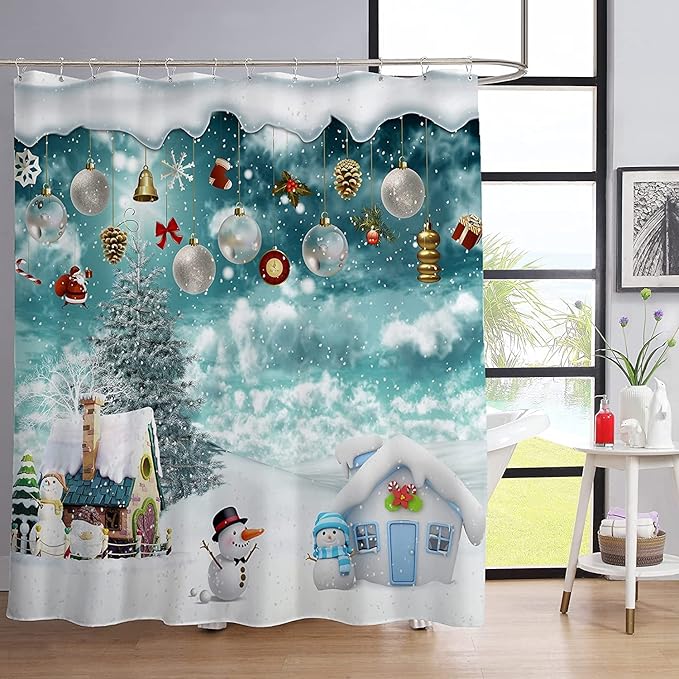 Yizheer Merry Christmas 4Pcs Winter Maple Shower Curtain Sets with Non-Slip Rugs, Toilet Lid Cover and Bath Mat, Haunted House Waterproof Bathroom Home Decor Set