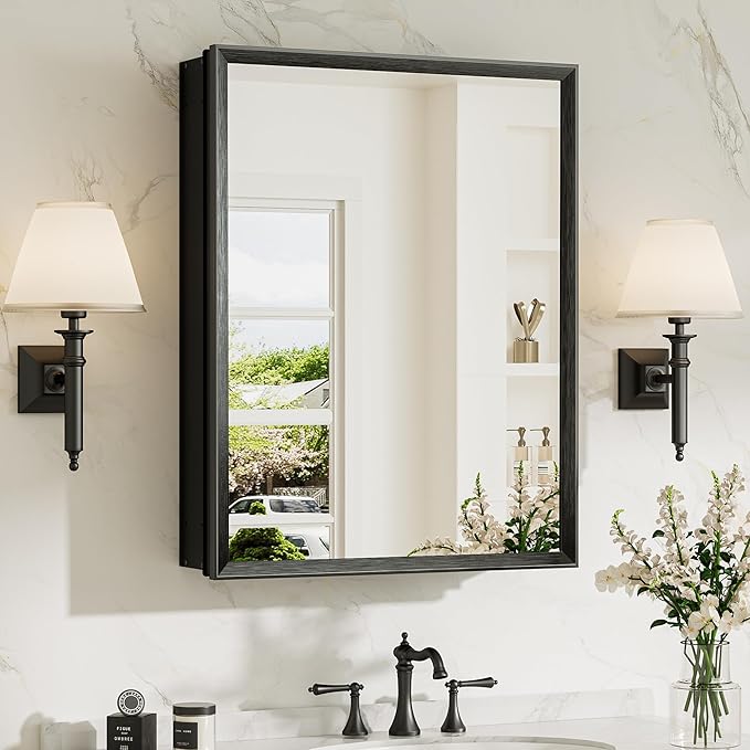 TokeShimi 20 x 26 Mirror Medicine Cabinet for Bathroom, Assembly Required, Black Recessed Medicine Cabinet with Mirror, Steplessly Adjustable Shelves, Beveled Aluminum Frame, Tempered Glass