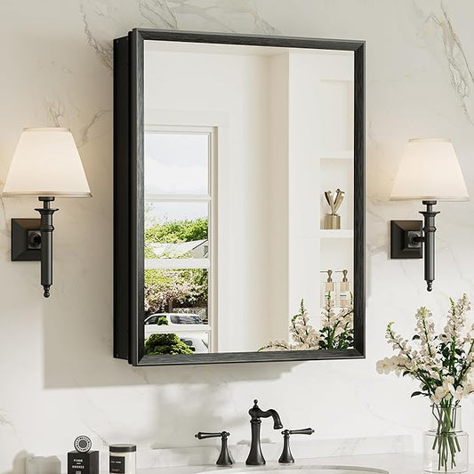 TokeShimi 20 x 26 Mirror Medicine Cabinet for Bathroom, Assembly Required, Black Recessed Medicine Cabinet with Mirror, Steplessly Adjustable Shelves, Beveled Aluminum Frame, Tempered Glass