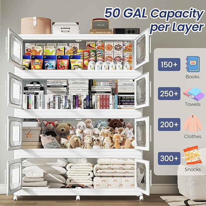 150Gal Extra Large Stackable Storage Bins with Lid & Wheels & Doors, 200QT/50GAL 3-Tiers Collapsible Closet Organizers Plastic Containers Drawers Boxes for Home Kitchen Bedroom, White