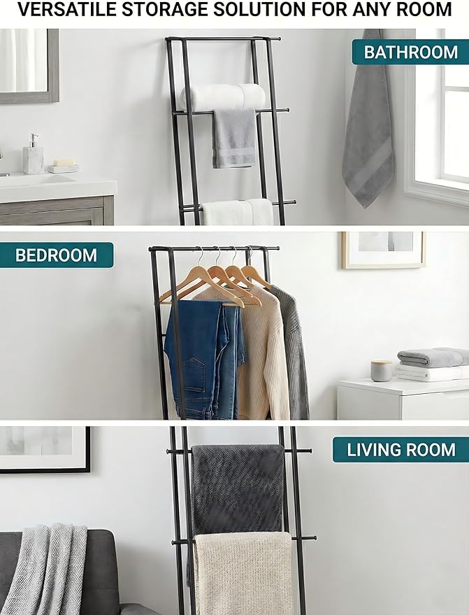 CANYAVE Metal Leaning Ladder Towel Rack, 4-Tier Blanket Stand for Bathroom Living Room, No Drilling Quilt Storage Organizer (Matte Black)