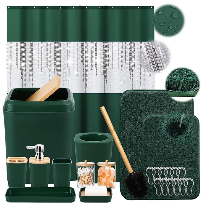 XLHOMO Dark Green Bathroom Sets with Shower Curtain and Rugs,Bathroom Sets Shower Curtain Set with Extra Soft and Absorbent Bathroom Rugs Green Bathroom Accessories