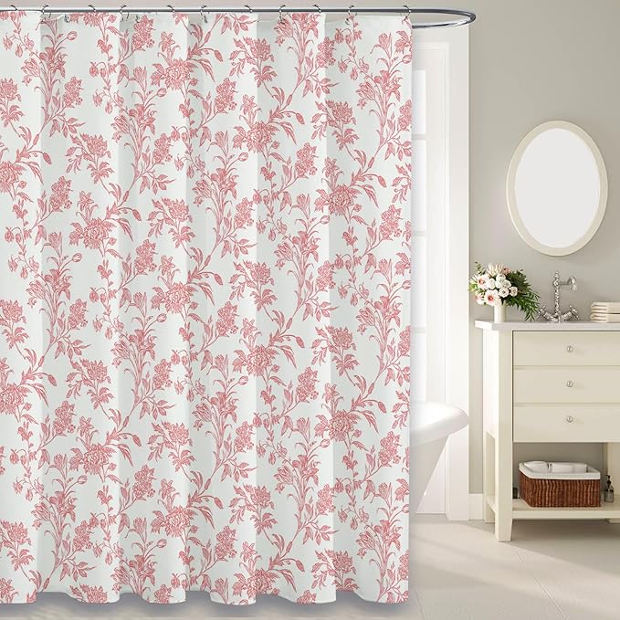 Pink Shower Curtain Floral Cotton Cottagecore Shower Curtain for Bathroom 72" W x 72" L