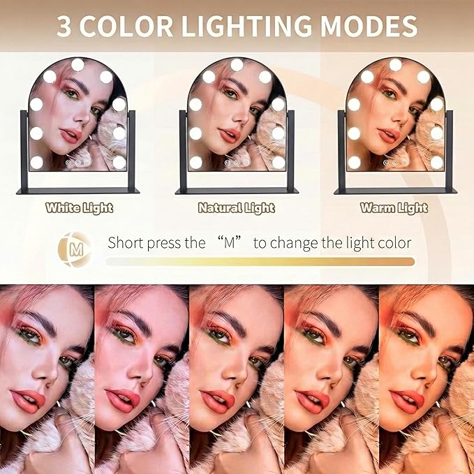 Arched Makeup Vanity Mirror with Lights LED Makeup Mirror Detachable 10X Magnification, Hollywood Make Up Mirror with Lighting, Smart Touch, Rechargeable,360° Rotation,Black 14.17"x 11.81"