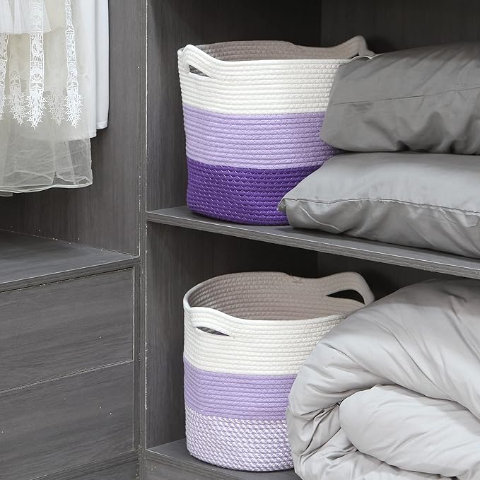 Sea Team Oval Large Cotton Rope Woven Storage Basket with Handles, Diaper Caddy, Baby Shower Basket, Nursery Nappies, Clothes Toys Organizer for Kid's Room, 16 x 13 inches, White & Lavender