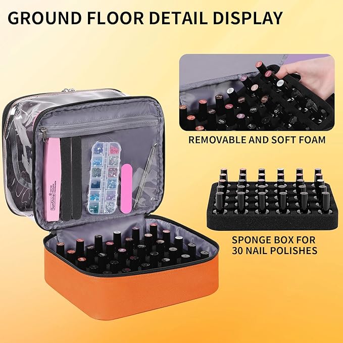 Beloving Clear Nail Polish Organizer, Double-Layer Nail Polish Bag Organizer Case Holds 30 Bottles and Nail Dryer, Nail Organizers and Storage for Manicure Tools-Orange