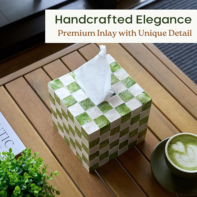 CHI AN HOME 5.7" Square Tissue Box Cover, Handmade Checkered Cube Tissue Box Cover with Capiz Shells, Decorative Tissue Holder for Living Room, Bathroom, Bedroom or Office (Pistachio Green)
