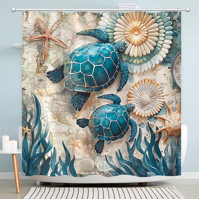 Accnicc 78 Inch Long Nautical Sea Turtle Shower Curtain Vintage Ocean Teal Blue Turtles Seashell Starfish Shower Curtains for Bathroom 3D Retro Map Beach Coastal Waterproof Fabric Bath Curtain Decor