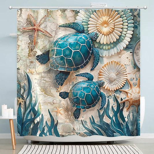 Accnicc 78 Inch Long Nautical Sea Turtle Shower Curtain Vintage Ocean Teal Blue Turtles Seashell Starfish Shower Curtains for Bathroom 3D Retro Map Beach Coastal Waterproof Fabric Bath Curtain Decor