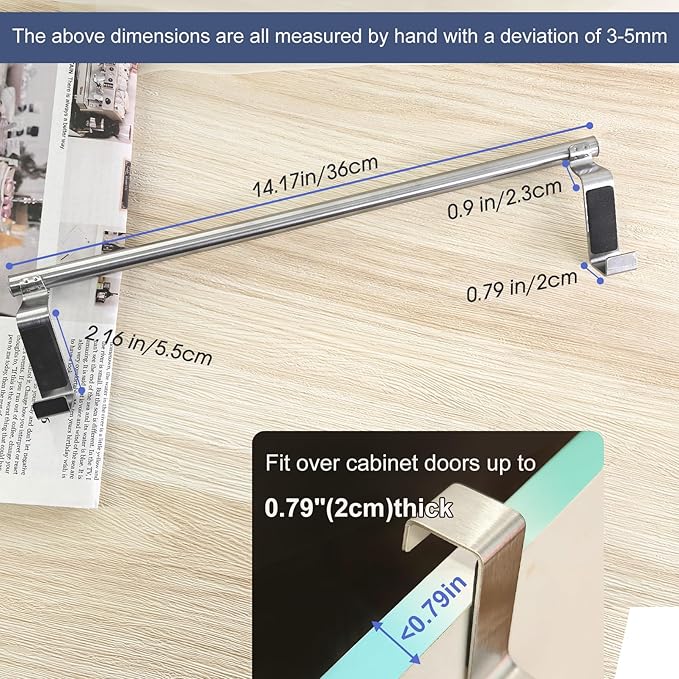 Mziart Over The Door Towel Rack for Bathroom Kitchen, 14 Inch Brushed Stainless Steel Over Cabinet Towel Bar with Hooks, Cupboard Towel Holder, Space-Saving Towel Hanger, Silver