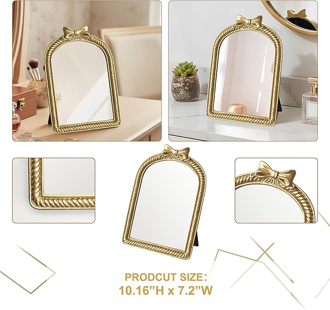 Gold Bow Resin Frame Mirror, Dual-Use Tabletop & Wall Mounted Vanity Mirror for Bedroom Living Room Decor
