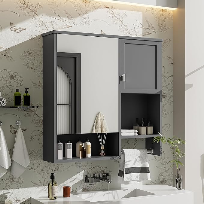 Merax Medicine Cabinet for Bathroom, Wall Mount Bathroom Cabinet with Mirror, Open Shelf, and Towel Bar, 29.5" W x 28.7" H Over The Toilet Mirrored Bath Wall Cabinet