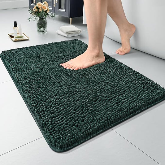 LOCHAS Luxury Bathroom Rug Shaggy Bath Mat 24 x 36 Inch, Washable Non Slip Bath Rugs for Bathroom Shower, Soft Plush Chenille Absorbent Carpets Mats, Hunter Green