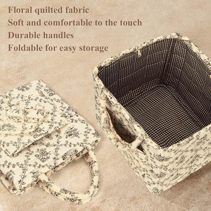 Quilted Fabric Basket Car Storage Basket Boho Floral Laundry Hamper for Nursery Bedroom & Living Room | Organize Clothes Toys