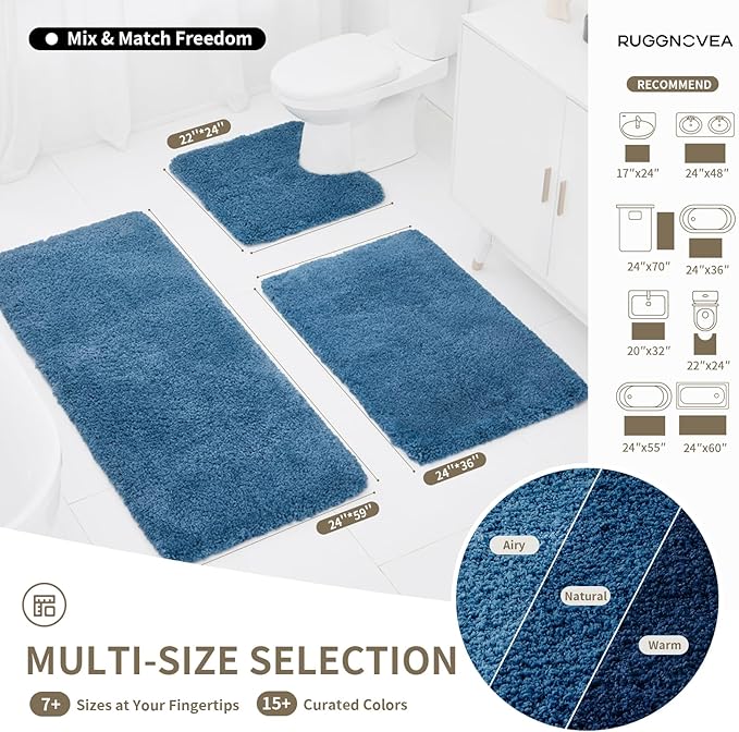 Bathroom Rugs Non Slip Washable 48x24, Ultra Thick Soft Microfiber Absorbent Bath Mats, High Density Foam Latex Non Slip Backing Bath Rugs, Fluffy Floor Carpet for Tub&Shower, Blue