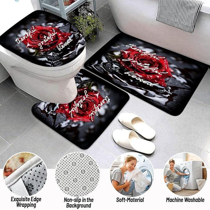 4Pcs Romantic Red Rose Bathroom Shower Curtain Sets, Valentine's Day Gift Waterproof Fabric Floral Bathroom Sets with Shower Curtain and Rugs Toilet Lid Cover Bath Mat, Retro Flower Home Decor Sets