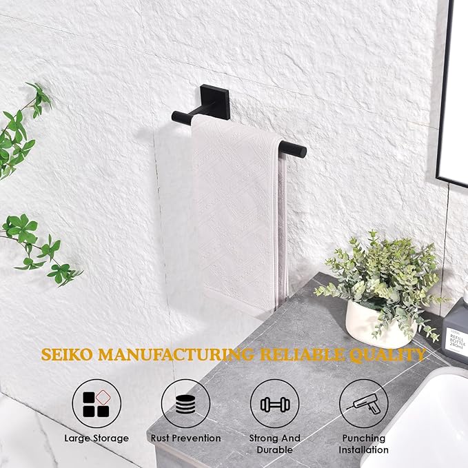 Black Hand Towel Holder,Thicken SUS 304 Stainless Steel Towel Bar Towel Ring for Bathroom, Modern Design Hand Towel Rack Towel Hanger Wall Mounted