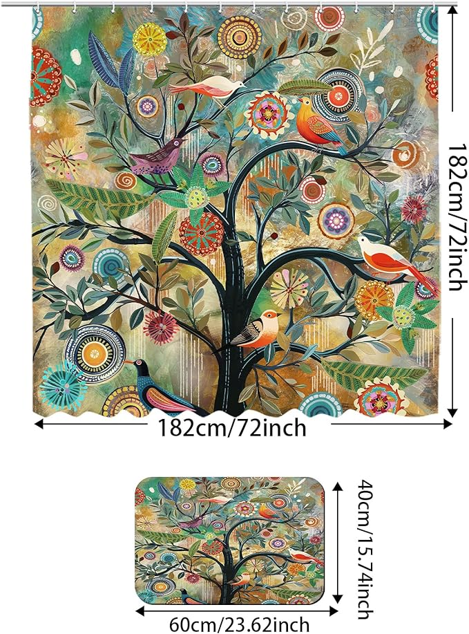 Shower Curtain Set with Non-Slip Quick Dry Rugs16 x 24" and Bathroom Colorful Boho Floral Print Waterproof Fabric Bath Shower Curtain 72" x 72"