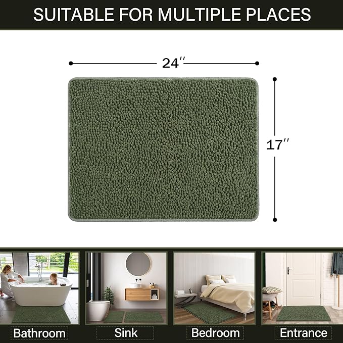 LOCHAS Luxury Bathroom Rug Shaggy Bath Mat 24 x 17 Inch, Washable Non Slip Bath Rugs for Bathroom Shower, Soft Plush Chenille Absorbent Carpets Mats, Olive Green