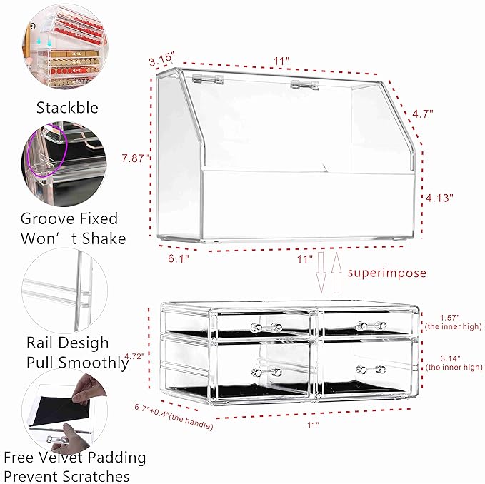 Celar Makeup Organizer With With Lid,Dustproof Waterproof Design Make up Organizer for Bathroom Countertop,4 Drawers Acrylic Skincare and Cosmetic Storage for Vanity Countertop,Dresser Top Organizer